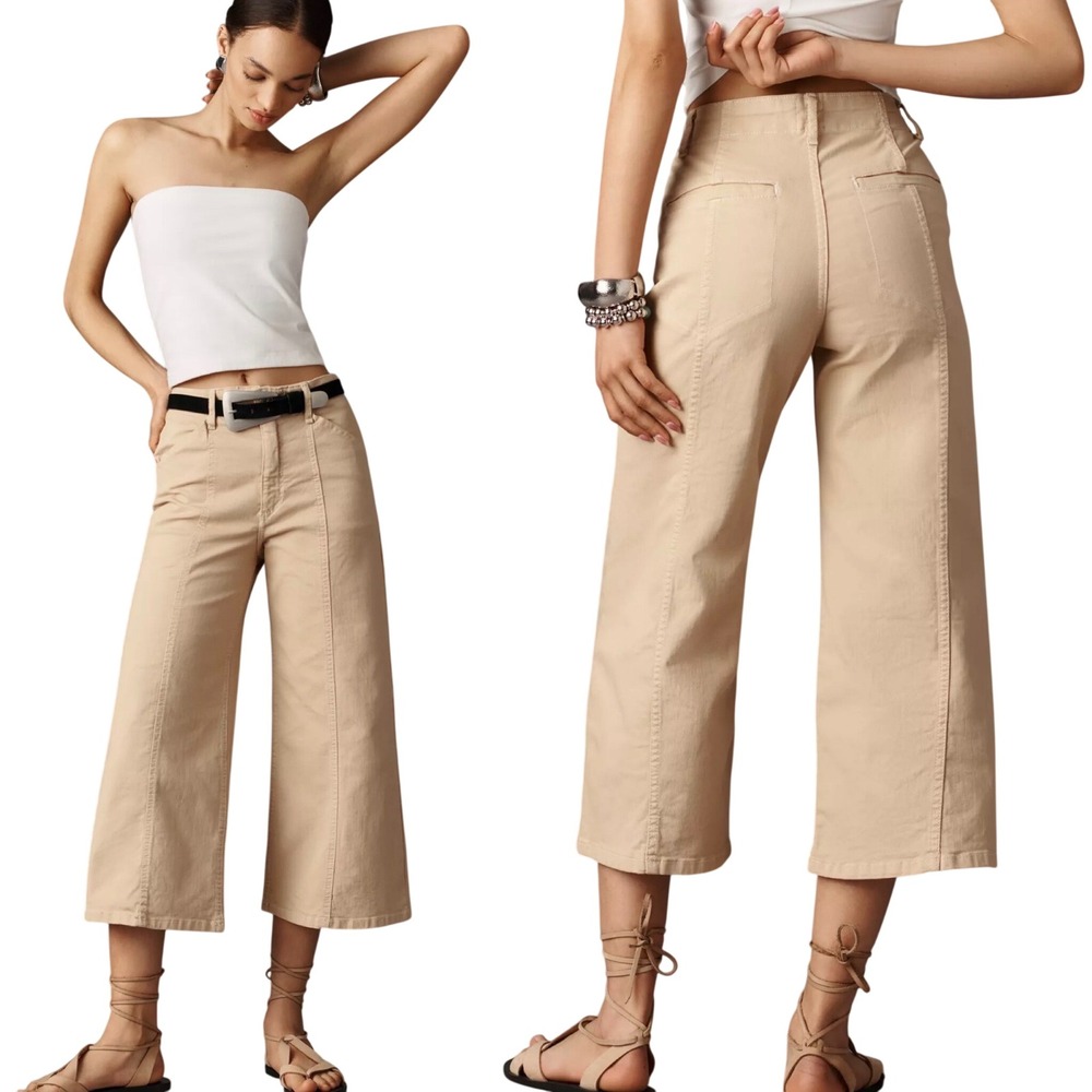 Maeve Delaney Crop Clean-Seamed High Rise Wide-Leg Jeans Tan Beige‎ Size 28
